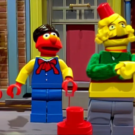 Image similar to Still from Sesame Street episode where Bert and Ernie build a Lego set