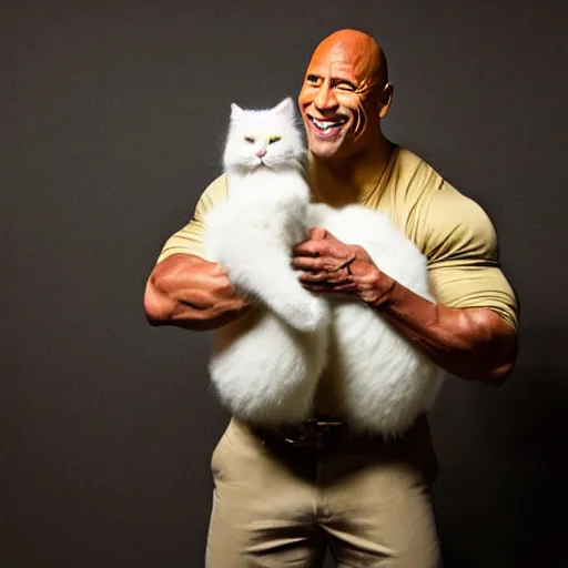 Prompt: dwayne johnson holding a fluffy white cat with yellow eyes, studio lighting, promotional photograph