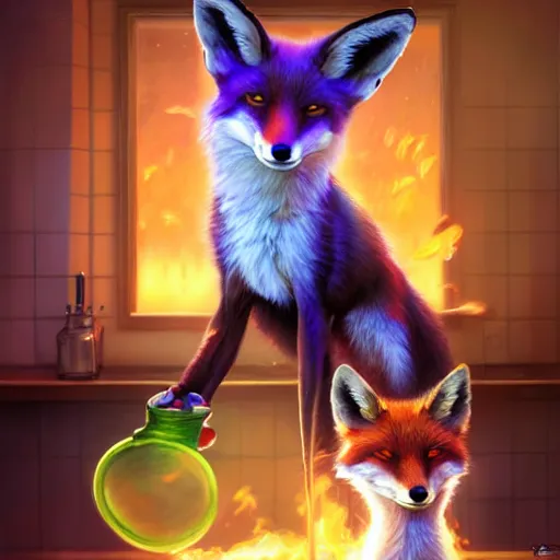 Image similar to a fox mixing chemicals in a kitchen, portrait, fantasy, beautiful face, vivid colors, elegant, concept art, sharp focus, digital art, Hyper-realistic, 4K, Unreal Engine, Highly Detailed, HD, Dramatic Lighting by Brom, trending on Artstation