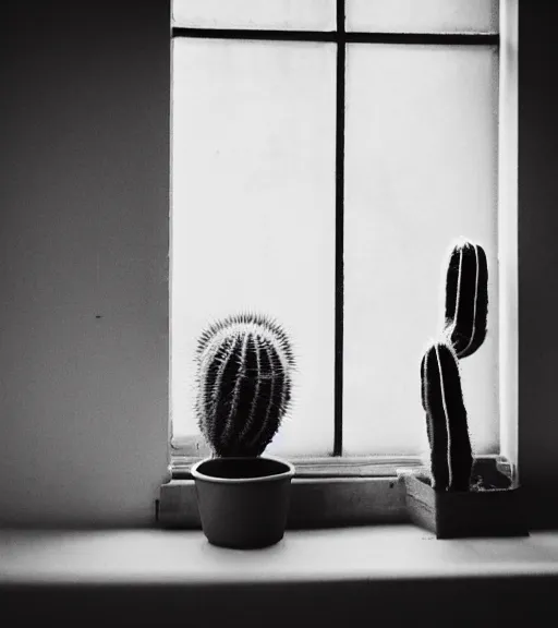 Prompt: an old photo of a cactus on a sunny windowsill, soft lighting