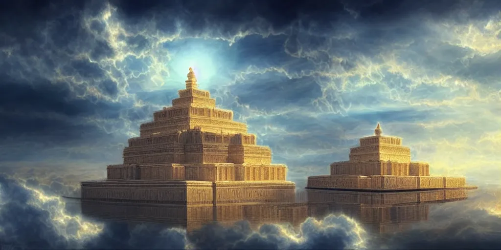 Image similar to hidden imagery floating temple in the sky incredible digital art optical illusion, superb detailed clouds shaped like the second temple in jerusalem, awe inspiring, masterpiece surrealism, digital art trending on artstation awesome award winning