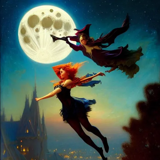 Image similar to attractive witch magically flying trough the night, fantasy, full moon in background. highly detailed painting by gaston bussiere, craig mullins, j. c. leyendecker 8 k