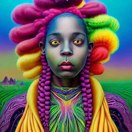 Image similar to a wide angle shot of a black girl with colorful dreadlocks in a field of candy, by Adi granov and afarin sajedi and amanda sage and evgeni gordiets and Agostino Arrivabene and adonna khare in a psychedelic portrait style, ultrarealistic matte painting, volumetric lighting, fractal, extremely symmetrical, highly detailed face, orisha, 8k, hd