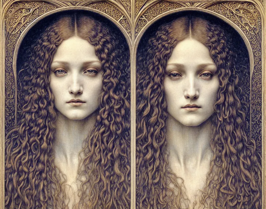 Image similar to detailed realistic beautiful young medieval queen face portrait by jean delville, gustave dore and marco mazzoni, art nouveau, symbolist, visionary, gothic, pre - raphaelite. horizontal symmetry