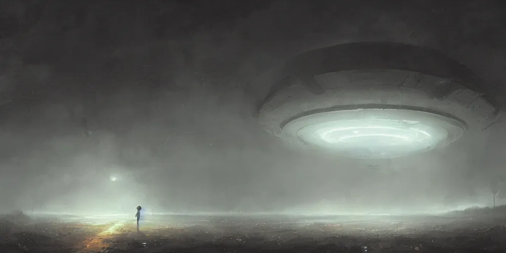 Prompt: epic cinematic concept art of an ufo during an giant, cloudy, foggy, storm, night setting. realistic shaded concept art by greg rutkowski, radiant light, detailed and intricate environment, digital art, trending on art station, illustration