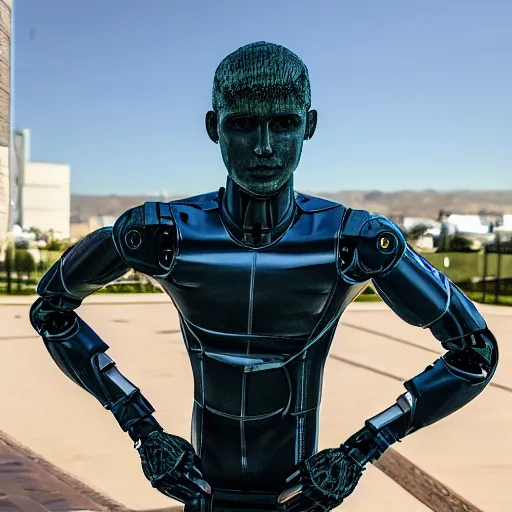 Image similar to a realistic detailed photo of a guy who is an attractive humanoid who is half robot and half humanoid, who is a male android, soccer player martin ødegaard, shiny skin, posing like a statue, blank stare, by the pool, on display, showing off his muscles, humanoid robot, frozen ice statue