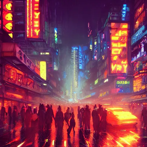 Image similar to overly crowded street of a cyberpunk city, rain, harsh neon lights, highly detailed, digital painting, trending on artstation, concept art, sharp focus, illustration, art by artgerm and greg rutkowski and magali villeneuve