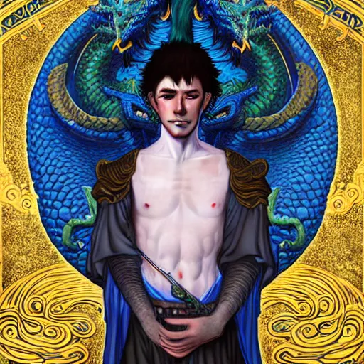 Image similar to half length portrait of a medieval fantasy anthropomorphic male blue dragon with electrcity magic, fantasy, d & d, high details, art by ( ( ( kuvshinov ilya ) ) ) and wayne barlowe and gustav klimt and artgerm and wlop and william - adolphe bouguereau