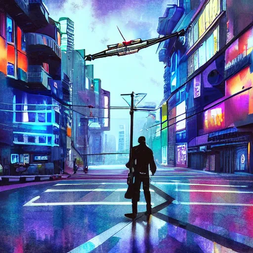 Prompt: the streets of a cyberpunk city with flying cars on the roads and robots walking on the sidewalks, digital art