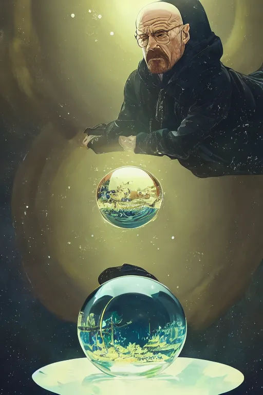 Prompt: walter white floating inside a glimmering crystal ball, high intricate details, rule of thirds, golden ratio, cinematic light, 8 k, octane render, anime style, graphic novel by fiona staples and dustin nguyen, art by beaststars and orange, peter elson, alan bean, studio ghibli, makoto shinkai