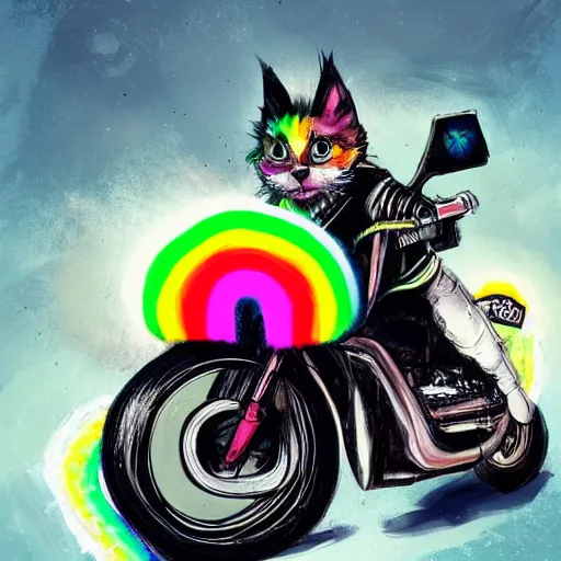 Image similar to wide angle full body, jacket wearing fluffy cute rainbow kitten wearing a black leather motorcycle jacket, riding on a motorcycle, cinematic concept art