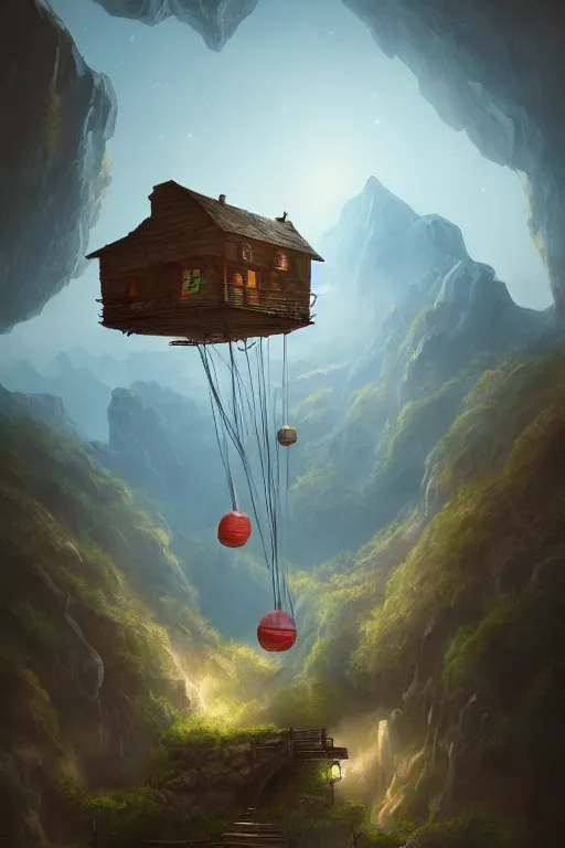 Image similar to a house floating with balloons, near the mountains and below is a deep canyon, dream core art, dynamic lighting, fantasy concept art, trending on art station, stunning visuals, creative, cinematic, ultra detailed