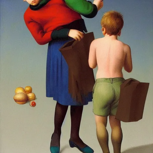 Image similar to a boy caught shoplifting by Raphael, Hopper, and Rene Magritte. detailed, romantic, enchanting, trending on artstation.