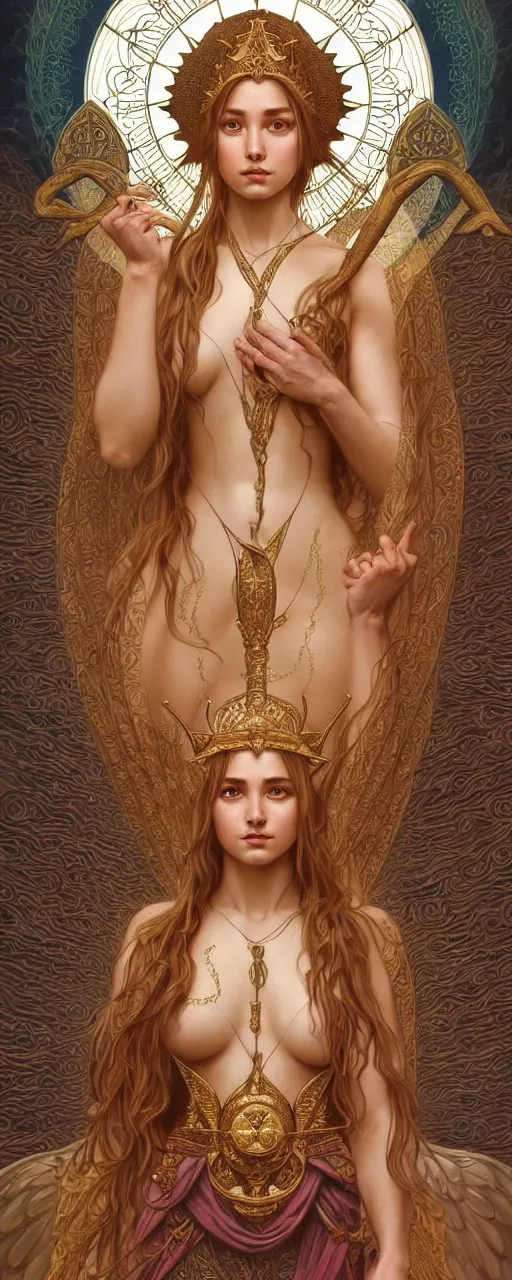 Image similar to perfectly detailed esoteric goddess of scales judgement tarot card!! blessed by nature with ever - increasing physical mental perfection, symmetrical! intricate, sensual features, highly detailed, biblical divine holy perfection!! digital painting, artstation, concept art, smooth, sharp focus, illustration, art by artgerm and greg rutkowski and alphonse mucha