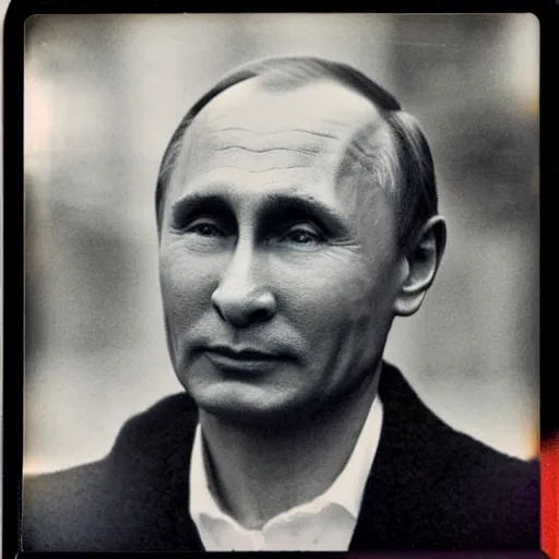 Image similar to polaroid photo of vladimir putin getting slimed, about 7 0 years old, with wrinkles on his face, looking towards infinity with a sad look, a two - day beard and a woolen cap while his lips are chapped by the sun, as well as his dark complexion
