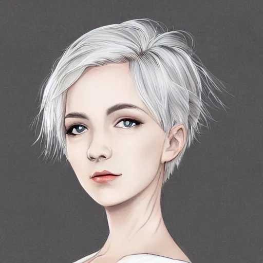 Prompt: portrait of a woman with short white hair, medium shot, illustration, highly detailed, high quality, by rohan kishibe