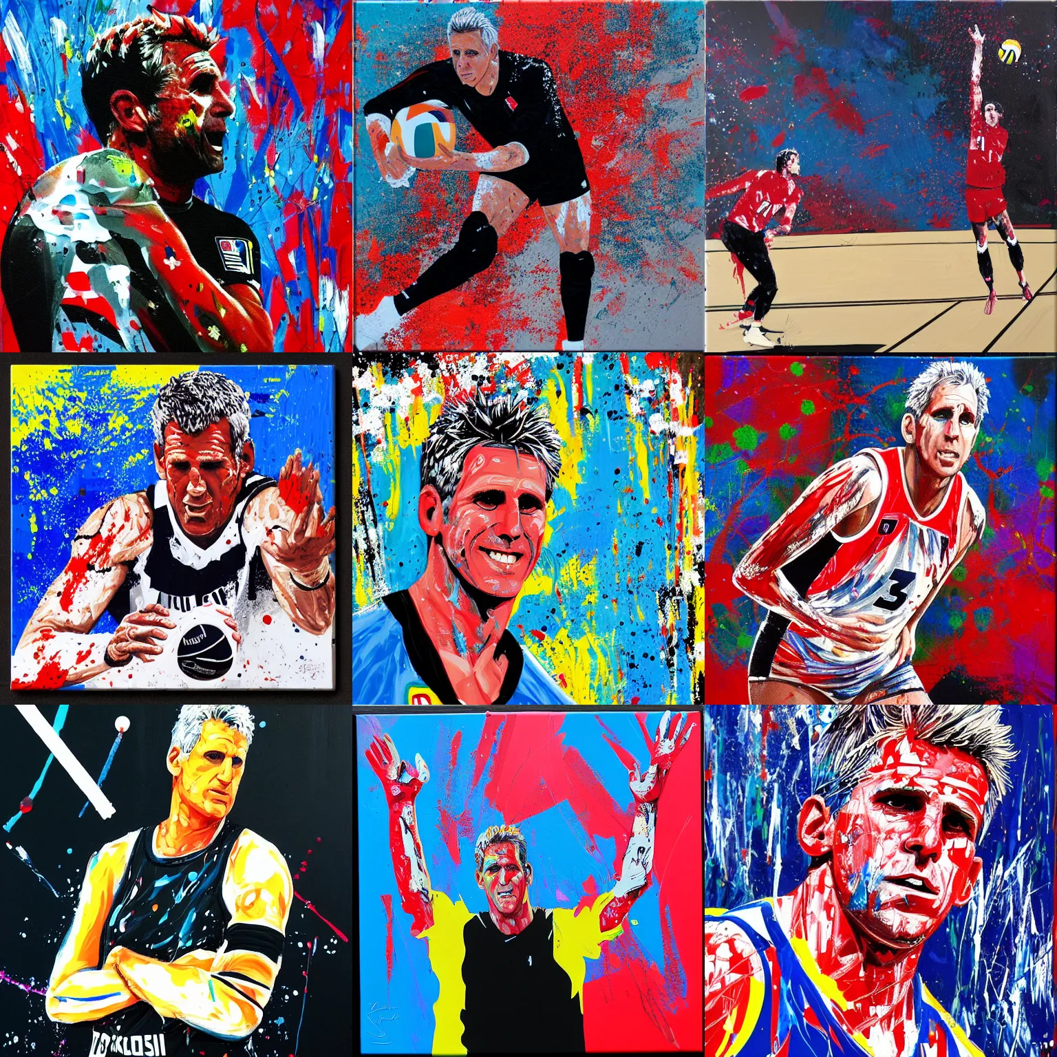 Prompt: karch kiraly contacting the volleyball, acrylic paint on canvas, splattered paint, black background, trending on artstation