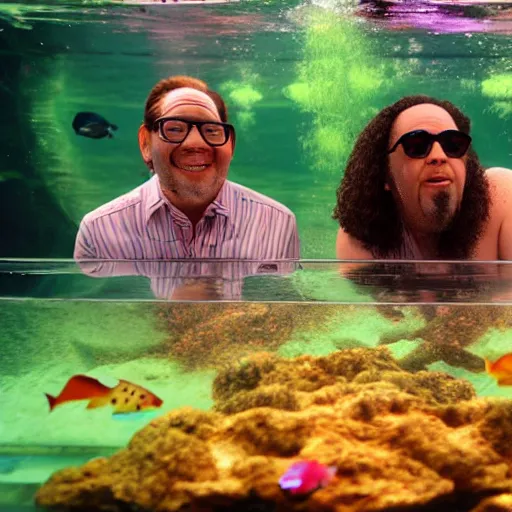 Image similar to penn and teller swimming in a fish tank together