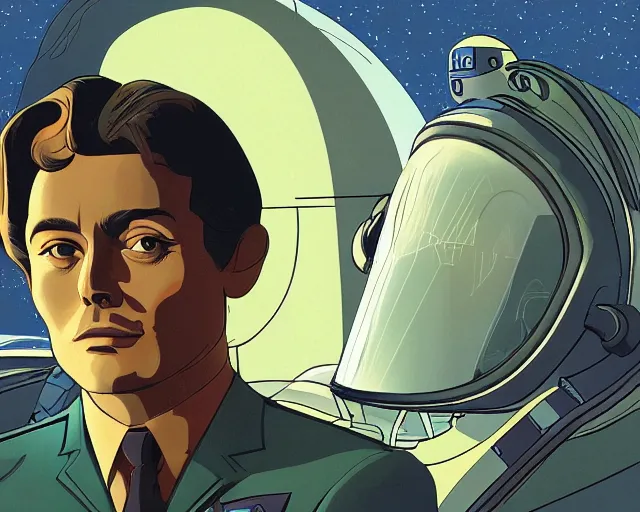 Prompt: a headshot head shot portrait of Alain Delon pilot in spacesuit on field forrest spaceship station landing laying lake artillery outer worlds shadows in FANTASTIC PLANET La planète sauvage animation by René Laloux