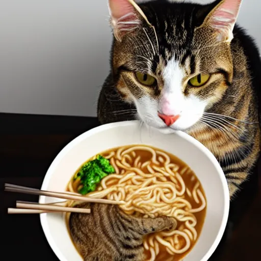 Prompt: cat eating ramen