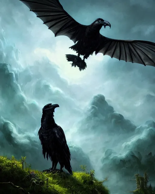 Image similar to oil painting of a Anthropomorphized raven shaman casting spell, spirit of green dragon behind in the clouds, sharp focus, heroic pose, fantasy style, octane render, volumetric lighting, 8k high definition, by greg rutkowski, highly detailed, trending on art Station, magic the gathering artwork, Woodland background, centered