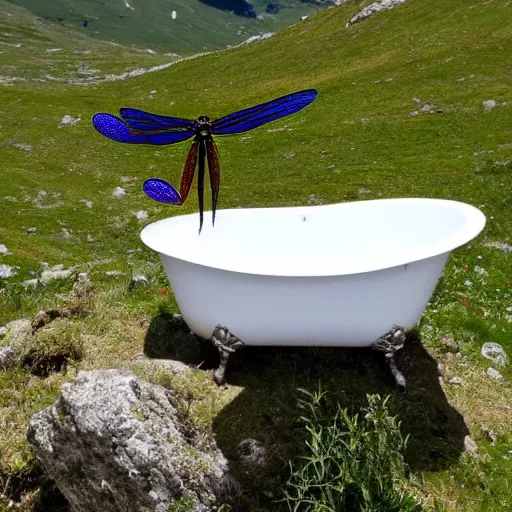 Image similar to dragonfly in a bathtub in the alps, goats!!!!!!!! in background