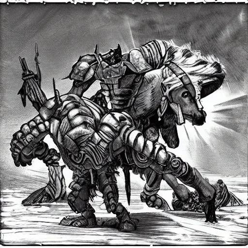 Prompt: “donkeys and cyborg ogres fight to the death, epic, detailed, realistic fantasy”