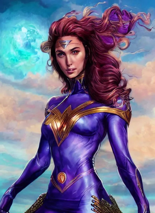 Prompt: front portrait hands behind body pose of attractive Gal Gadot as Starfire with ginger wavy hair, hands behind her body pose!, Intricate overlay flames imagery , D&D!, fantasy style, sharp focus!, ultra detailed, art by Artgerm and Peter Andrew Jones, WLUP