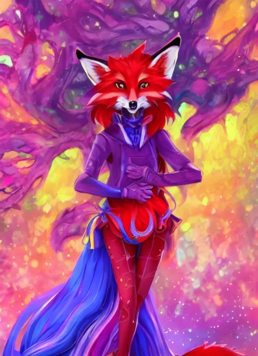 Prompt: a colorful and vibrant and provenance beautiful fox lady, full body un magic pose, official genshin impact character concept, anime, kawaii, full - body portrait, holographic undertones, highly saturated colors, by artgerm, professional character designer, trending on artstation, highly detailed, cgsociety