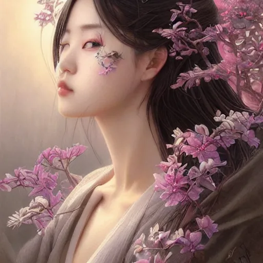 Prompt: Hyperrealistic beautiful sexy ethereal Japanese woman portrait, art nouveau, fantasy, intricate flower designs, elegant, highly detailed, sharp focus, art by Artgerm and Greg Rutkowski and WLOP