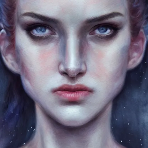 Image similar to character portrait, lean face, cinematic lighting, glowing grey eyes, hyper - detailed, 4 k, high resolution, in the style of charlie bowater, tom bagshaw, single face, symmetrical, headshot photograph, insanely detailed and intricate, beautiful, elegant, watercolor, cinematic, portrait, raphaelite, headroom, pierre - auguste renoir