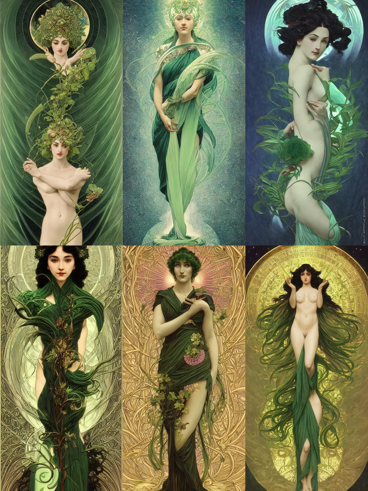 Prompt: a green goddess cosmic entity, ikebana, art deco, symmetric, highly detailed, elegant, concept art, intricate, sharp focus, illustration, alexandros pyromallis, bouguereau, rutkowski, artgerm, alphonse mucha