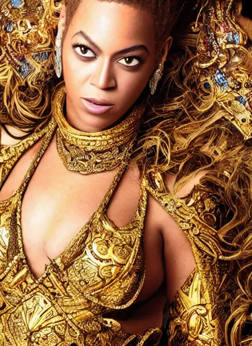 Prompt: beyonce photoshoot as a powerful anime boss villain, realistic, intricate, hyper detailed, overpowered, all gold, renaissance style clothes, highly detailed, high resolution, highly realistic, 8 k 4 k