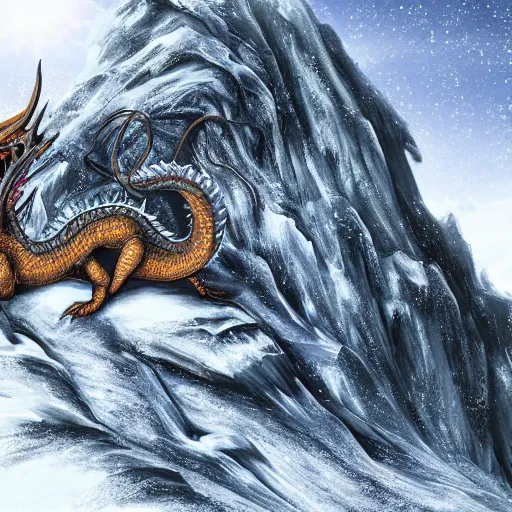 Image similar to Western dragon majestic and powerful resting curled up atop a mountain in the snow. 4k, hyper realistic