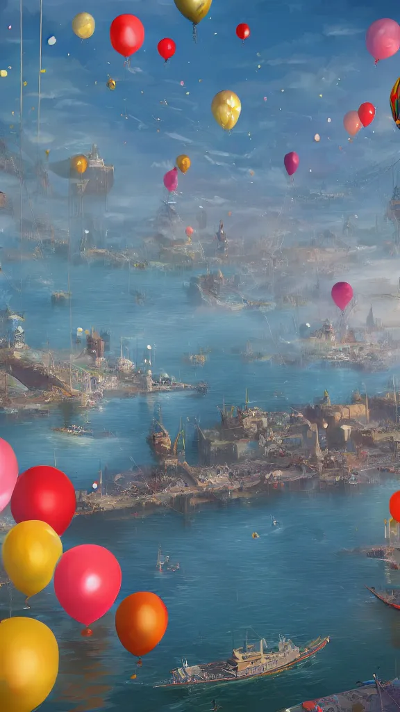 Image similar to a lot of birthday balloons floating above a beautiful maritime port. digital art. artstation cgsociety masterpiece