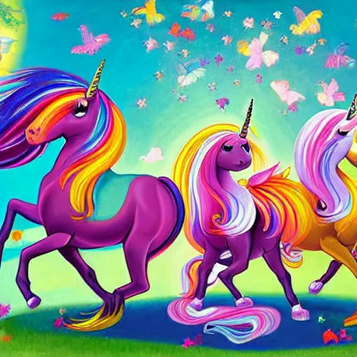 Image similar to a painting of three managers riding unicorns, a storybook illustration by Lisa Frank, featured on pixiv, magical realism, irridescent, storybook