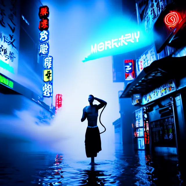 Prompt: cyber monk water dance supreme water fist, detailed animal form water, fighting stance energy, shibuya prefecture, cinematic neon uplighting, fog mist smoke, photorealistic, night photography by tomino - sama