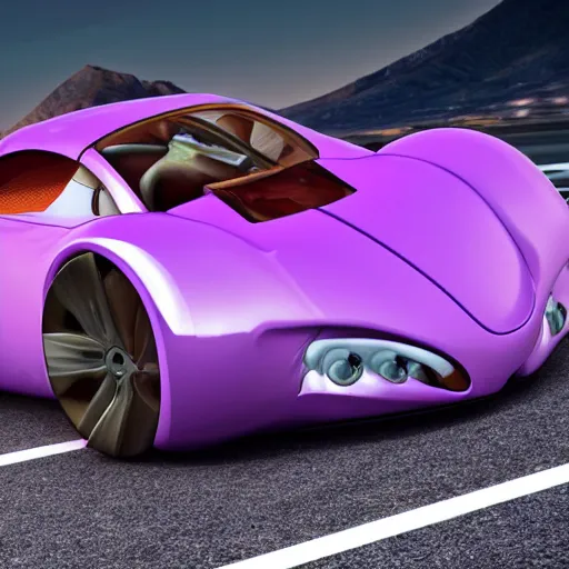 Prompt: a purple sports car shaped like a horshoe crab, ribs, scales, plates, octane engine, hd