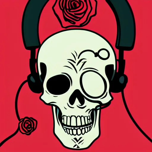 Prompt: skull with headphones and 3 roses, illustration, artwork by Mike Mignola