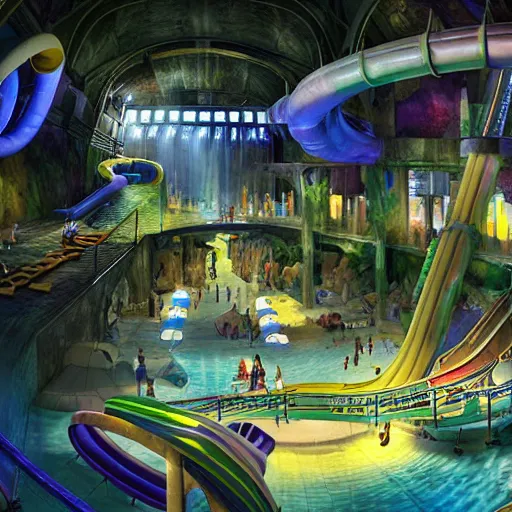 Prompt: cavernous underground waterpark with water slides, digital art, epic composition, highly detailed, cinematic lighting