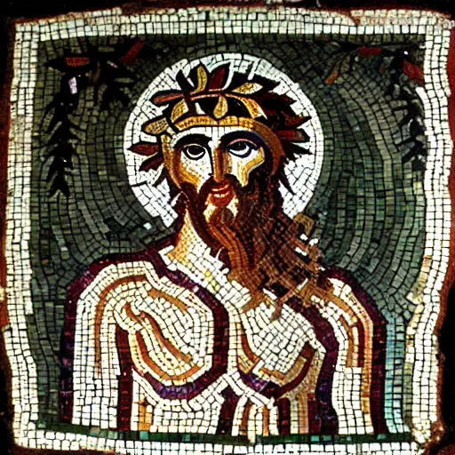 Prompt: ancient mosaic of god dionysus with leaves and grape in his hair