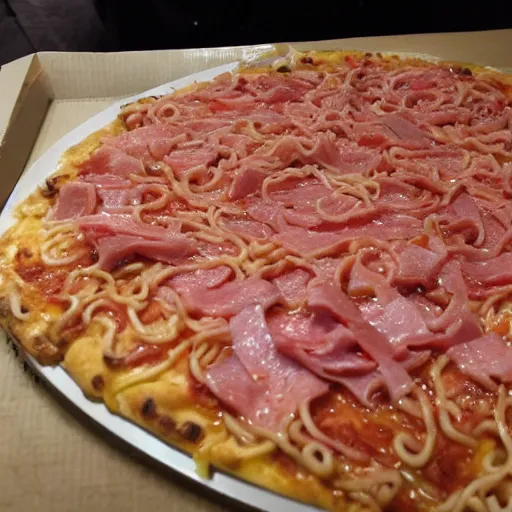 Image similar to ramen noodle and ham pizza with pepto bismol sauce.