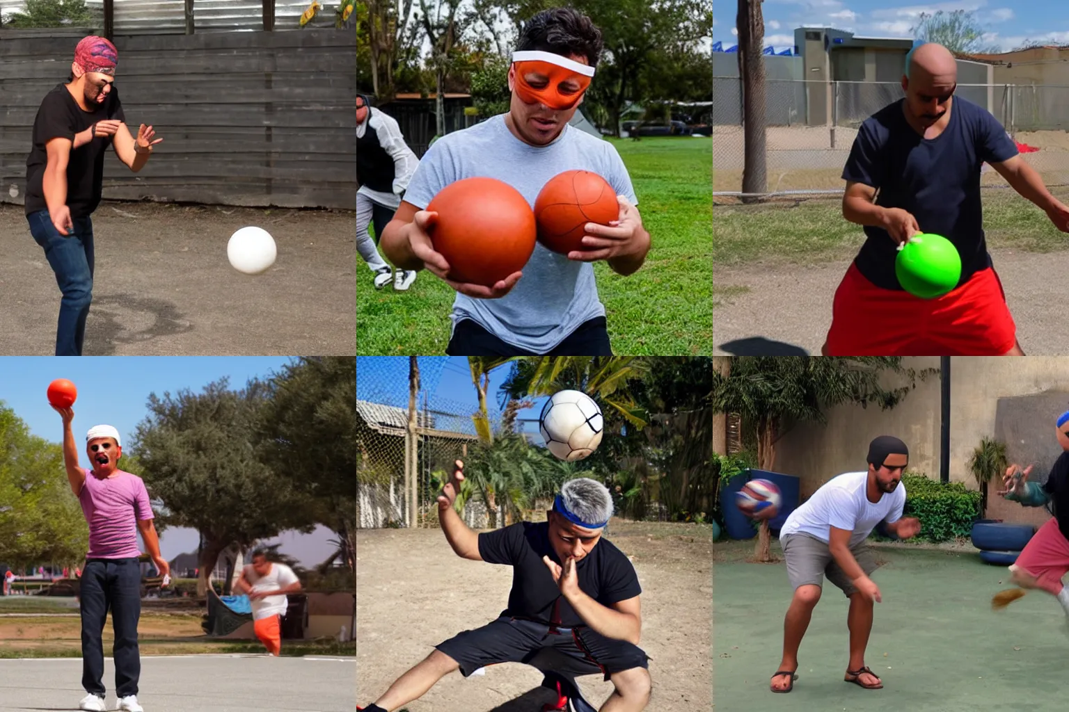 Prompt: a Latino juggling three balls blindfolded