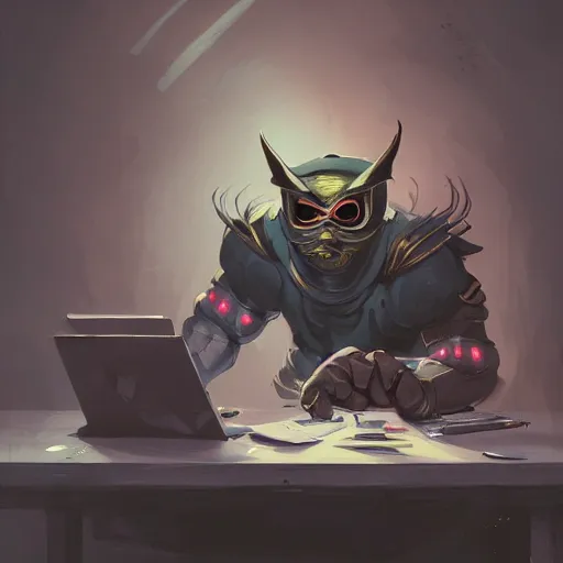 Prompt: a insanely detailed painting of a stocky masked asian man wearing a superhero costume sitting at a desk, staring at the nervously at the computer and typing, in the style of peter mohrbacher, dramatic lighting and composition, trending on artstation, concept art, comic book