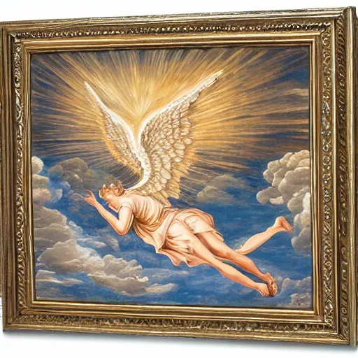 Image similar to top view of an angel falling down heaven, artistic painting style, intricate details