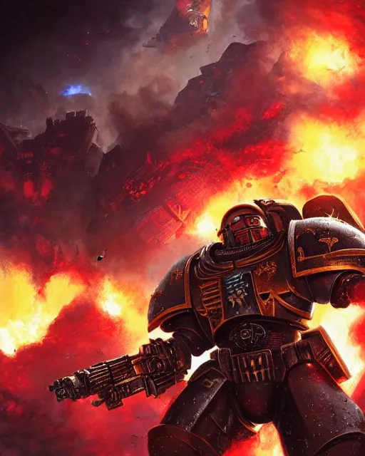Prompt: space marine surrounded by explosions and burning buildings, sharp focus, hyper detailed, dark fantasy, warhammer 4 0 k, digital painting, by by artgerm and greg rutkowski and magali villeneuve