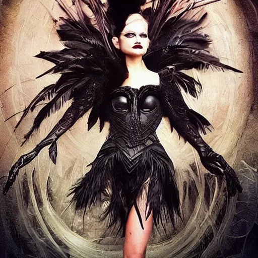 Prompt: dark swan queen, black hair, black feathers instead of hair, gothic, red lips, feathers growing out of skin, black fingers with black claws, bird feet, black bodysuit, disney villain, dark fae, moulting, suspended in zero gravity, on spaceship with cables hanging down, highly detailed, mucha