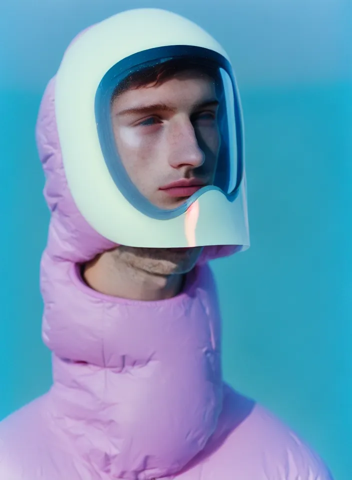 Image similar to high quality pastel coloured film portrait photograph of a beautiful young 2 0 year old male, soft features, short hair, wearing perspex space mask visor and oversized inflated clothing!!!! icelandic black rock pool environment. atmospheric three point light. photographic. art directed. ( pastel colours ). volumetric. clearcoat. waves. 8 k. filmic.
