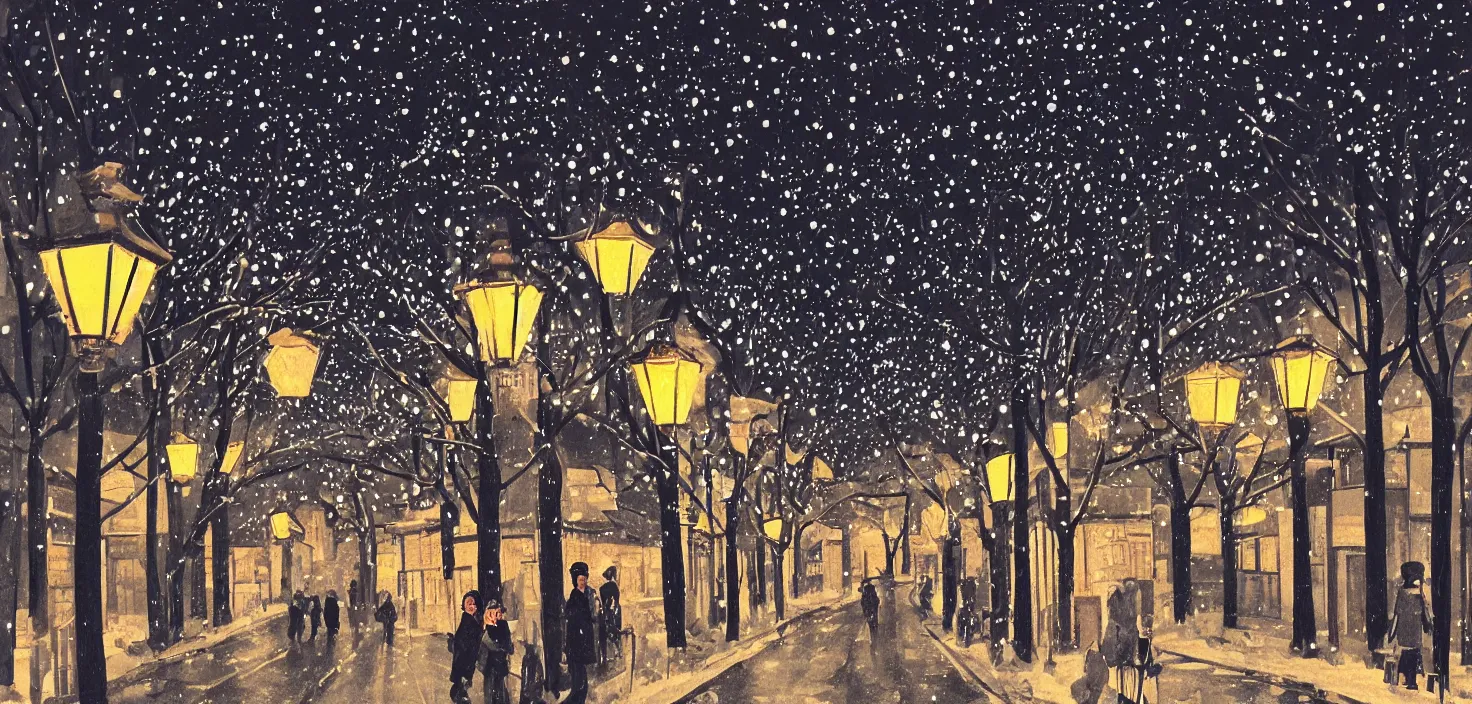 Image similar to beautiful illustration of kyoto streets at night, winter, illuminated by globe street lamps