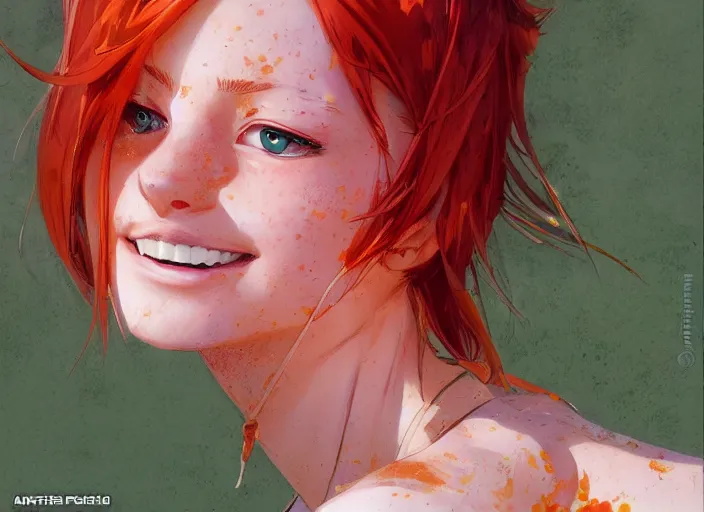 Image similar to portrait Anime beautiful smiling Girl with orange hair and freckles, green eyes fine face pretty face, realistic shaded Perfect face, fine details. Anime. by katsuhiro otomo magali villeneuve, artgerm, rutkowski Jeremy Lipkin and Giuseppe Dangelico Pino and Michael Garmash and Rob Rey
